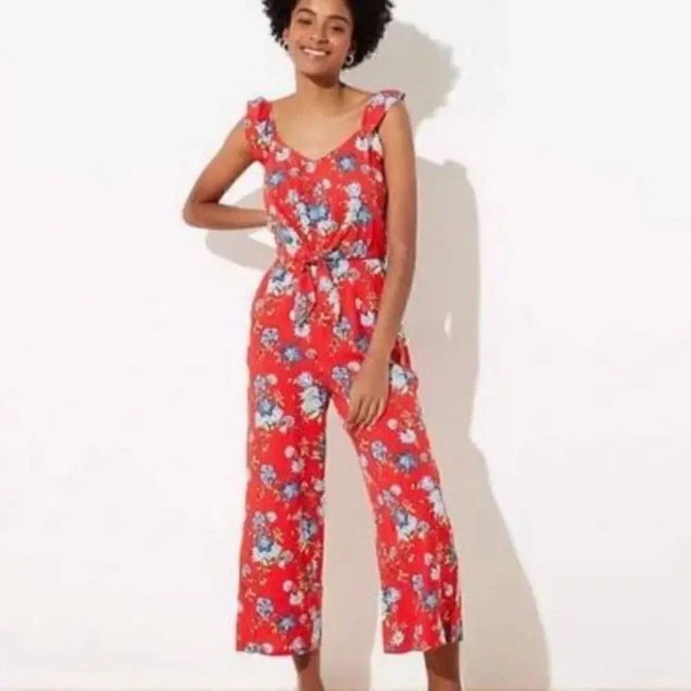 Loft Red Floral Tie Front Jumpsuit